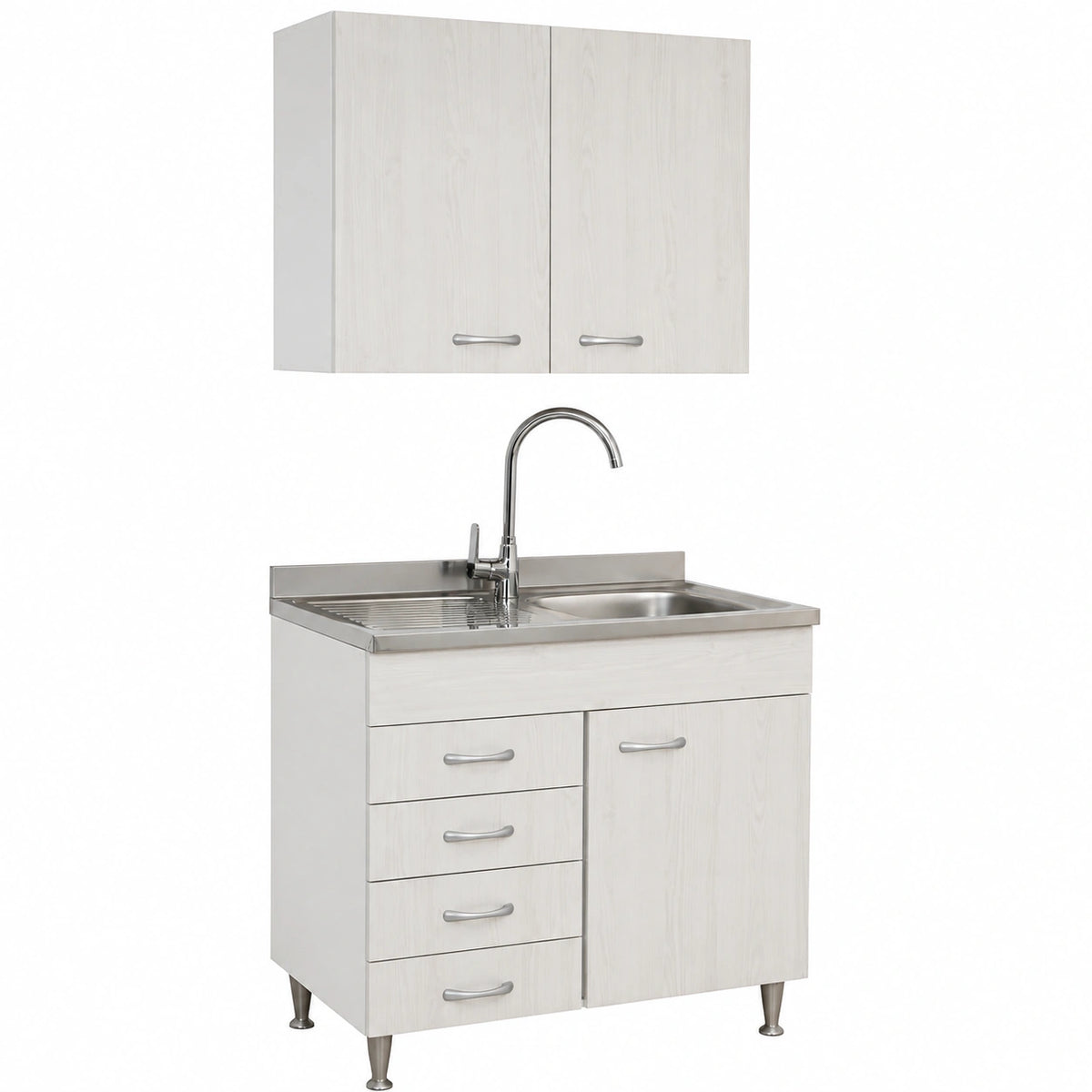 Mobile cucina sottolavello a 1 anta e cassettiera cm 80 effetto legno frassino moire componibile con lavello inox e scolapiatti Basic (Sottolavello