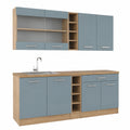 Vicco Cucina monoblocco R-Line, Rovere blu-grigio, oro, 160 cm, 6 Moduli · Piedini regolabili in altezza · Senza piano di lavoro · Ante robuste ·