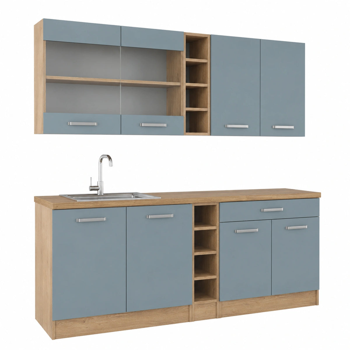 Vicco Cucina monoblocco R-Line, Rovere blu-grigio, oro, 160 cm, 6 Moduli · Piedini regolabili in altezza · Senza piano di lavoro · Ante robuste ·