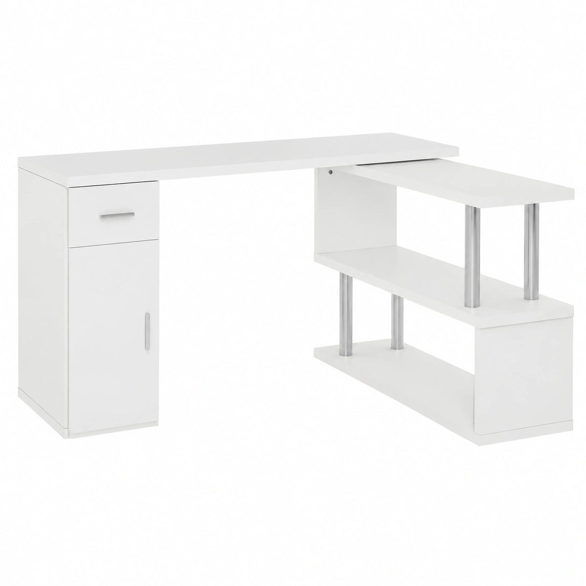 Scrivania Angolare con Cassetto, Armadietto e Mensole, Bianco, Moderna, in Legno