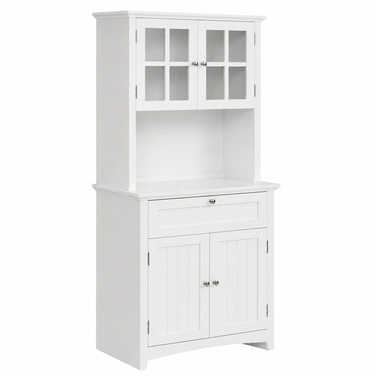 Credenza Cucina Alta Mobile Dispensa in MDF 68.6 × 40 × 164 cm Bianco, 2 Armadietti, Ripiani Regolabili, Ante in Vetro, Cassetto