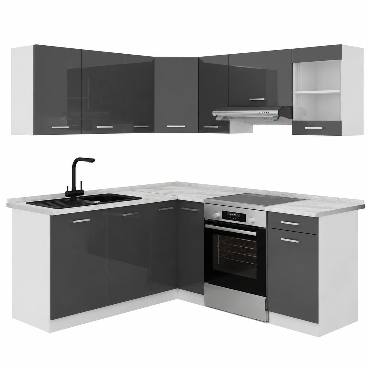 Vicco Cucina angolare completa Rick Antracite lucido, Bianco 187 × 167 cm, PL Marmo, con elementi modulari espandibili per una pianificazione