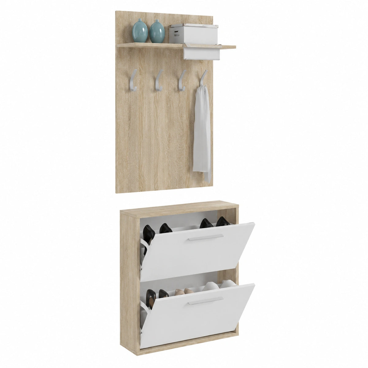 Arreditaly set Ingresso Salvaspazio con Scarpiera 2 Ribalte e Appendiabiti da Parete con Mensola Mobile Ingresso Moderno Soggiorno Portascarpe