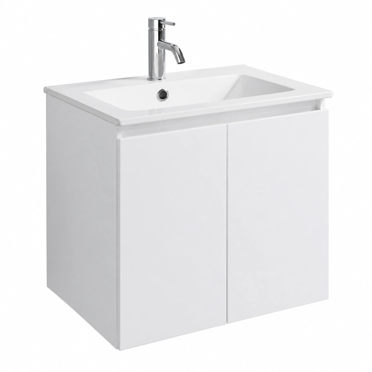 Mobile Bagno Sospeso 60cm Bianco Lucido Benaco con Lavabo, Con specchio 60 × 80 cm e lampada led, 2 ante, lavabo in ceramica, già assemblato
