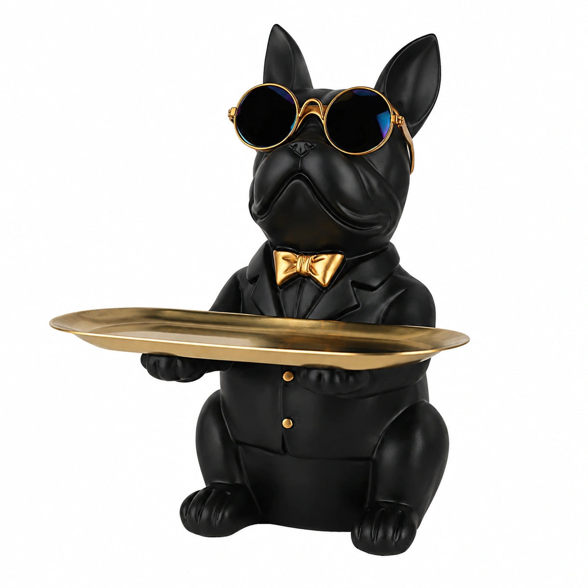 Statua Del Salvadanaio Del Bulldog Francese - Con Vassoio in Acciaio Inossidabile, Svuotatasche per Chiavi, Portafogli, Caramelle e Altri Oggetti