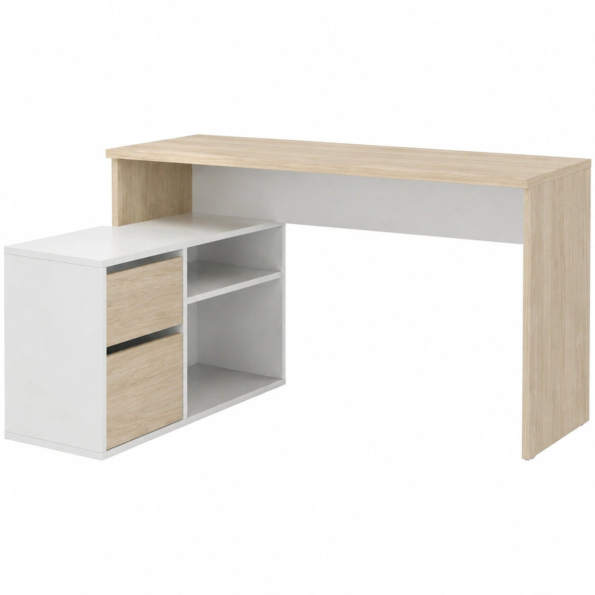 Scrivania Gardena, Scrittoio multiposizione da ufficio o cameretta, Tavolo da studio angolare multiuso, 139 × 92h75 cm, Bianco e Rovere