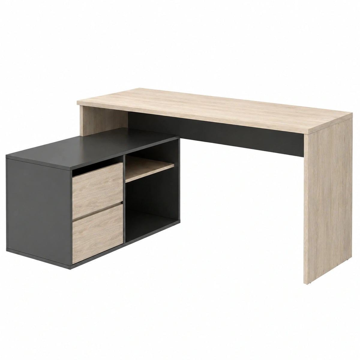 Scrivania Gardena, Scrittoio multiposizione da ufficio o cameretta, Tavolo da studio angolare multiuso, 139 × 92h75 cm, Rovere e Antracite